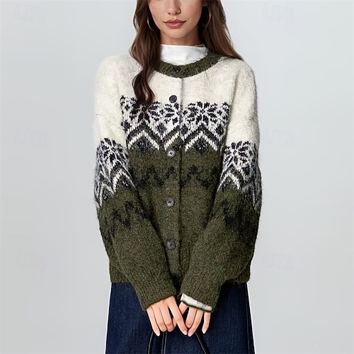  Dame Genser Kofte Fair Isle genser Årgang Mote Fritid snowflakes Riflet Crew-hals Knapper Strikket Trykt mønster Langermet Vanlige topper Strikke Jul utendørs Daglig Militærgrønn Høst Vinter
