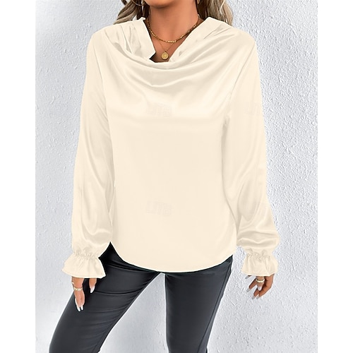 Per donna Camicia Camicia in raso Tinta unica Elegante Casual Manica Lunga Scollo a Cascata Top Regolari Quotidiano Uscire Drappeggiato Nero Rosa Verde Albicocca Primavera Autunno