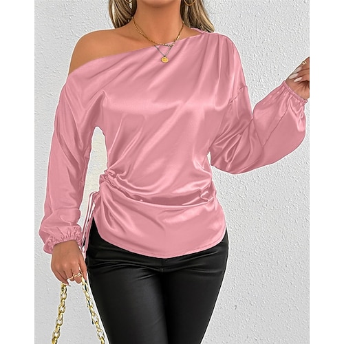  Dames Overhemd Satijnen overhemd Effen Kleur Stijlvol Casual Lange mouw Schouderafhangend koude schouder Normale tops Dagelijks Uitgaan Asymmetrisch Blozend Roze Abrikoos Lente Herfst