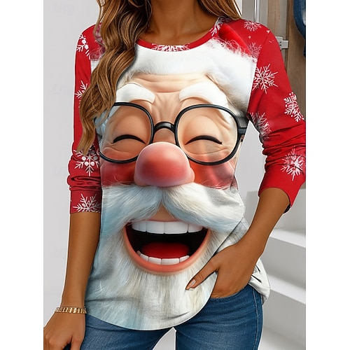  Noël Femme T-shirt Claus Décontracté Manches Longues Col Rond Regular Tops Weekend Impression Noir Blanc Rouge Bleu Orange Hiver