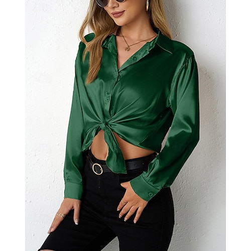  Per donna Camicia Camicia in raso Tinta unica Elegante Casual Manica Lunga Colletto a Camicia Top Regolari Quotidiano Uscire Bottoni Vino Blu Reale Viola Arancione Verde Primavera Autunno