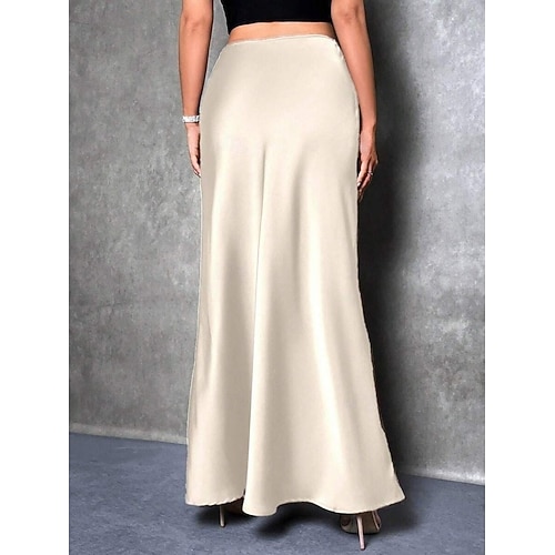  Femmes Jupe Moulant Élégant Mode Maxi Taille haute Jupes Uni Micro-Élastique Soirée Rue Noir Fuchsia Vert Kaki Printemps Satin Polyester