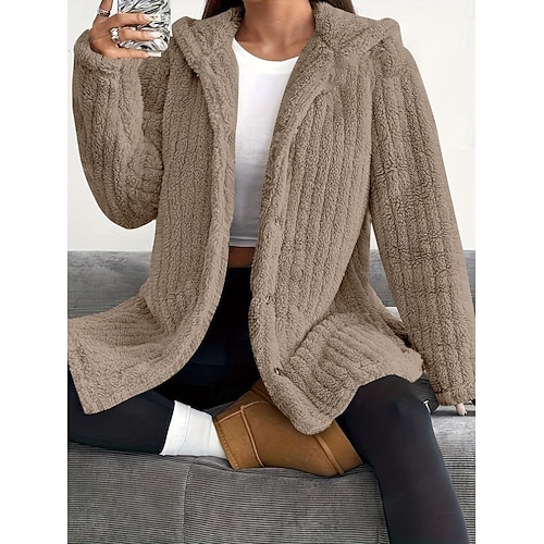  Dames Sherpa jas Comfortabel Ademend Zak Knop Casual Effen Vakantie Straat Casual Alledaagse kleding Enkele rij knopen Lang Capuchon Ruim Passend Lange mouw bovenkleding Zwart Blozend Roze Rood Lente