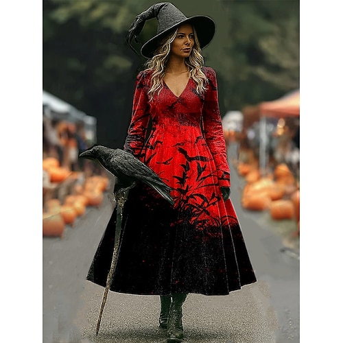  Halloween dámské midi šaty s potiskem čarodějnice A-line dovolená ležérní každodenní pravidelný střih květinová grafika Hocus Pocus dlouhý rukáv výstřih do V černá červená hnědá jaro podzim