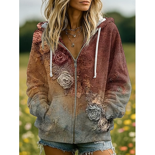 Γυναικείο Vintage 3D Print Boho Hoodie Patchwork Φούτερ με Δουλειά Λουλουδιών Zip Up Casual Χακί Ημέρας Patchwork Zip Πόρτα Ανοιχτό Μωβ Μωβ Καφέ Πράσινο Άνοιξη Φθινόπωρο