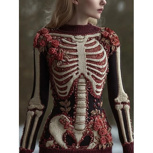  Halloween Damenpullover Skelett Süße Streetwear Lässige Grafik Skelett Rundhals Patchwork Gestrickte Lange Ärmel Regelmäßige Oberteile Gestrickt Rot Orange Herbst Winter