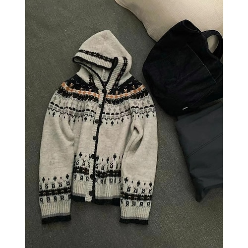  Dame Genser Kofte Fair Isle genser Mote Fritid Geometrisk Riflet Med hette Knapper Strikket Trykt mønster Langermet Vanlige topper Strikke Jul utendørs Daglig Beige Høst Vinter