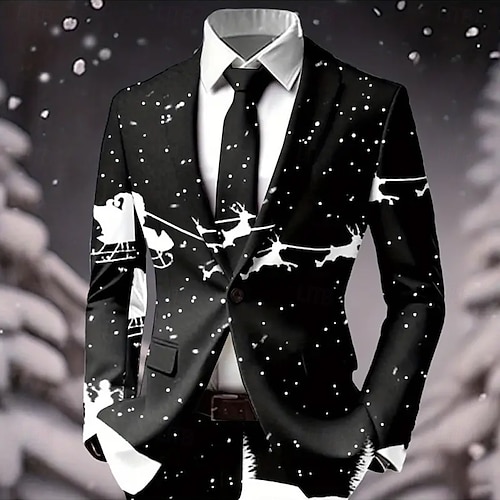  Муж. Блейзер Пальто Рождество Повседневные фестиваль На каждый день Наступила зима 100% полиэстер В снежинку 3D печать Пуговицы Сохраняет тепло Удобный Однобортный крой Блейзер