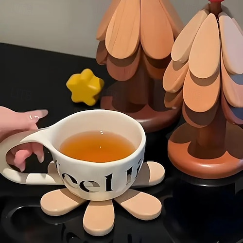  Dessous de verre en bois résistant à la chaleur pour sapin de Noël, sets de table créatifs en forme d'arbre pour la cuisine et la salle à manger, adaptés aux bols, théières, plateaux à boissons,