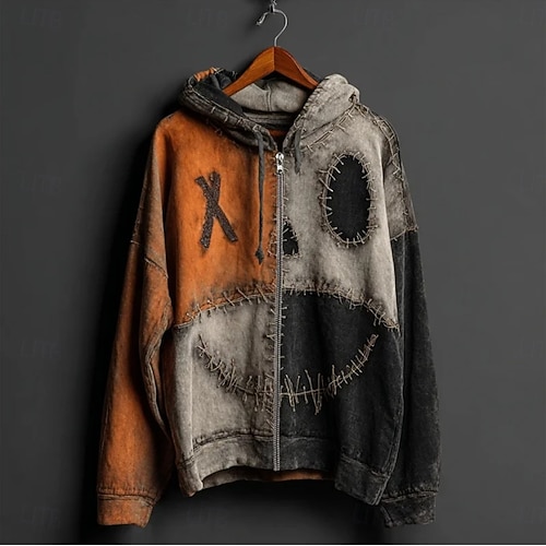  Damen Hoodies mit Reißverschluss Grafik Halloween Punk Aktiv Vintage Langarm Mit Kapuze Normale Oberteile Heim Alltagskleidung Lässig Patchwork Orange Herbst Winter