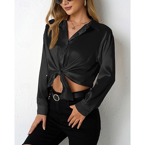  Per donna Camicia Camicia in raso Tinta unica Vintage Tropicale Elegante Manica Lunga Scollo a V Colletto a Camicia Top Regolari Quotidiano Uscire Bottoni Nero Cammello Marrone Grigio scuro Grigio