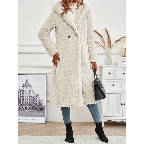  Dam Vinterkappa Sherpajacka Bekväm Andningsfunktion Ficka Ledigt Slät Semester Gata Ledigt Dagliga kläder Öppen front Lång Huva Normal Långärmad Ytterkläder Svart Aprikos Beige Vår Höst