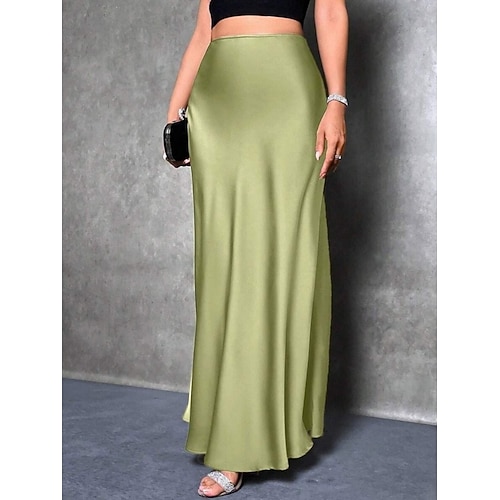  Femmes Jupe Moulant Élégant Mode Maxi Taille haute Jupes Uni Non Elastique Soirée Rue Argent Rose Claire bleu marine Bleu Printemps Satin Polyester