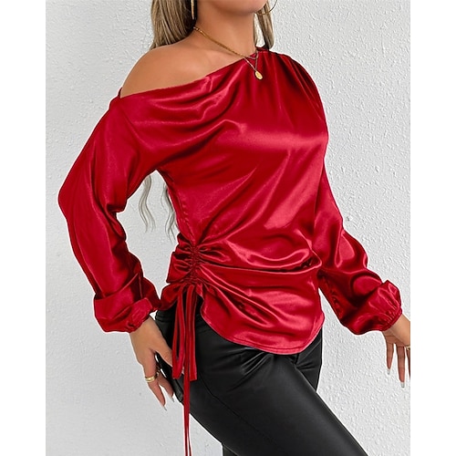  Dames Overhemd Satijnen overhemd Effen Kleur Effen Stijlvol Casual Lange mouw koude schouder Normale tops Dagelijks Uitgaan Asymmetrisch Rood Zomer Lente Herfst