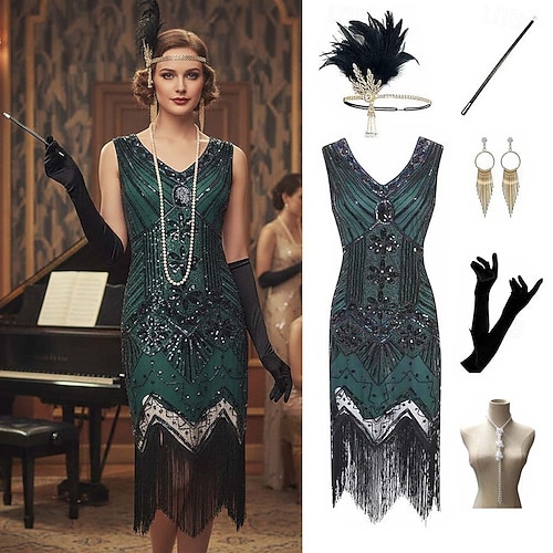 Roaring 20s 1920s Knee Length Dress Flapper Dress Fancy Costume Plus Size Sleeveless The Great Gatsby Charleston Sequins Tassel Fringe Feather V Neck