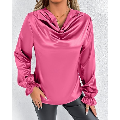  Per donna Camicia Camicia in raso Tinta unica Elegante Casual Manica Lunga Scollo a Cascata Top Regolari Quotidiano Uscire Drappeggiato Nero Rosa Verde Albicocca Primavera Autunno