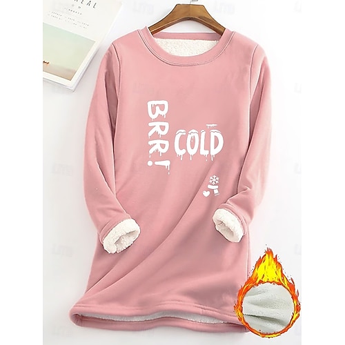  女性用 フリース裏地プルオーバースウェットシャツパジャマ プルオーバースウェットシャツ Pullover スウェットシャツ レタード あたたか ストリートファッション カジュアル 長袖 クルーネック ロングトップス 家 日常着 カジュアル プリント ブラック イエロー ピンク ダークピンク ブルー 秋 冬