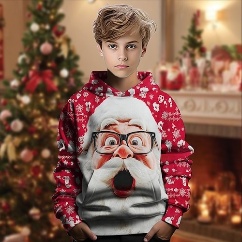 クリスマス 男の子 3D グラフィック サンタクロース パーカー 長袖 春 秋 ファッション ストリートファッション 子供 4〜12年 フード付き アウトドア カジュアル 日常 レギュラー  クリスマス 男の子 3D グラフィック サンタクロース パーカー 長袖 春 秋 ファッション ストリートファッション 子供 4〜12年 フード付き アウトドア カジュアル 日常 レギュラー
