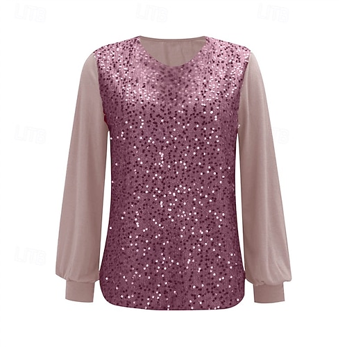  Femmes T-shirt Couleur Unie Mode Élégant Classique manche longue Col ras du cou Hauts Réguliers Quotidien Week-end Paillettes Patchwork Rose Claire Printemps Automne