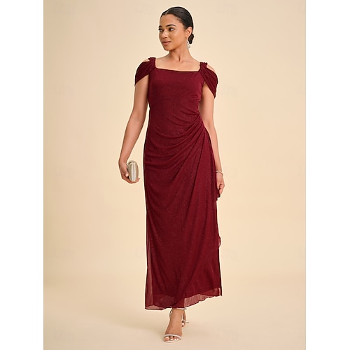  Femmes Robe maxi Robe fourreau Élégant Fête Anniversaire Couleur Unie Sans manches Col carré Rouge vin Été