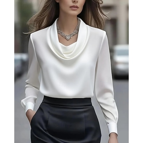  Mulheres Elegant Elegante Cetim Blusa Tecido Elegante à moda Trabalho Manga Longa Gola Boba Tops regulares Preto Branco Damasco Outono