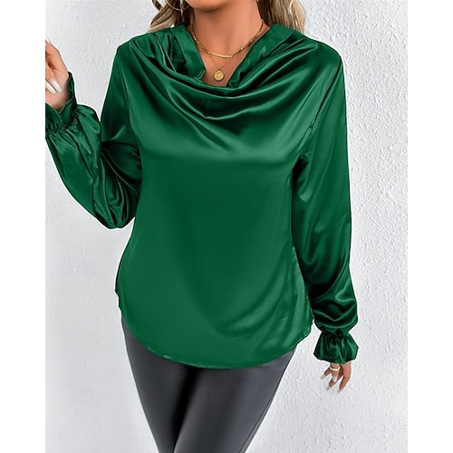  Per donna Camicia Camicia in raso Tinta unica Elegante Casual Manica Lunga Scollo a Cascata Top Regolari Quotidiano Uscire Drappeggiato Nero Rosa Verde Albicocca Primavera Autunno