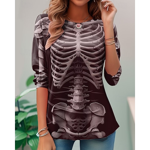  ハロウィン ウィメンズ Tシャツ スケルトン スカル グラフィック スケルトン ヴィンテージ ファッション スタイリッシュ ロングスリーブ クルーネック ラウンドネック レギュラー トップス デイリー ウィークエンド プリント ブラック ワイン ダーク グレー 夏 春 秋