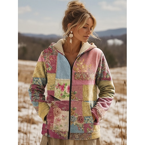  Per donna Felpa con cappuccio Floreale Casual Manica Lunga Con Cappuccio Top Regolari Casuale Sportivo Tasca Verde chiaro Rosa Cachi Autunno Inverno