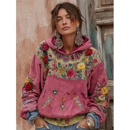  Női Pulóver Hoodie pulóver Virágos Grafika Alkalmi Boho Hosszú ujj Kapucni Normál felsők Utca Hétköznapi Kollázs Nyomtatott Elülső zseb Sötétrózsaszín Rubin Ősz Tél