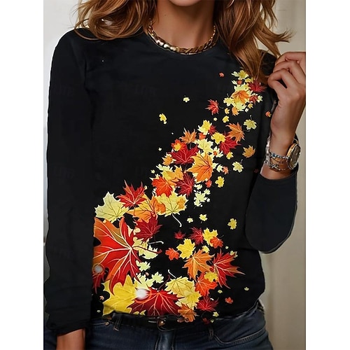  Femmes T-shirt Graphique Plantes ancien Élégant Classique manche longue Col ras du cou Col rond Hauts Réguliers Quotidien Imprimé Noir Bleu Orange Gris foncé Gris Printemps Automne Hiver