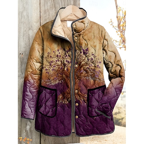  Women's Winter Jacket Quilted Jacket Warm Lightweight Print Elegant Vintage Boho Vintage Vacation Home Casual Regular Stand Collar Regular Fit Long Sleeve Outerwear Yellow Light Purple Purple Fall