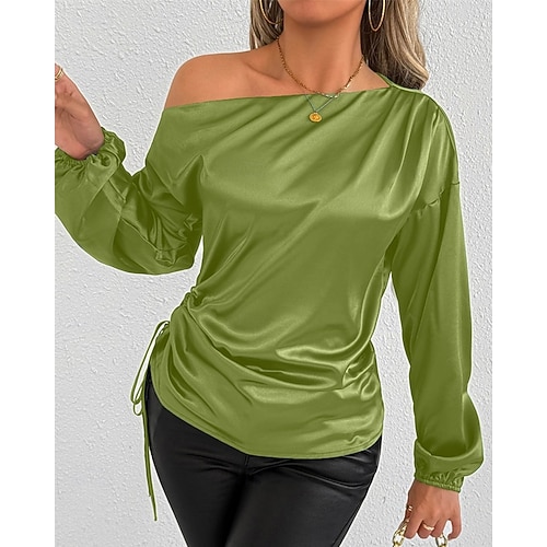  Dames Overhemd Satijnen overhemd Effen Stijlvol Casual Lange mouw koude schouder Normale tops Dagelijks Uitgaan Asymmetrisch Zwart Groen Lente Herfst