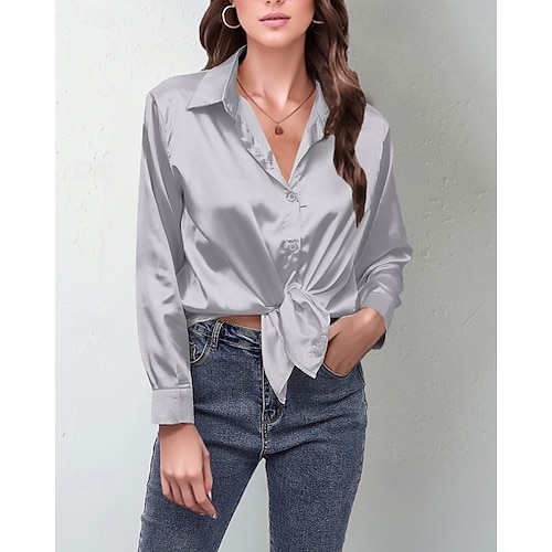  Per donna Camicia Camicia in raso Semplice Elegante Casual Manica Lunga Colletto a Camicia Top Regolari Quotidiano Uscire Bottoni Nero Rosa Vino Rosso Blu marino Primavera Autunno
