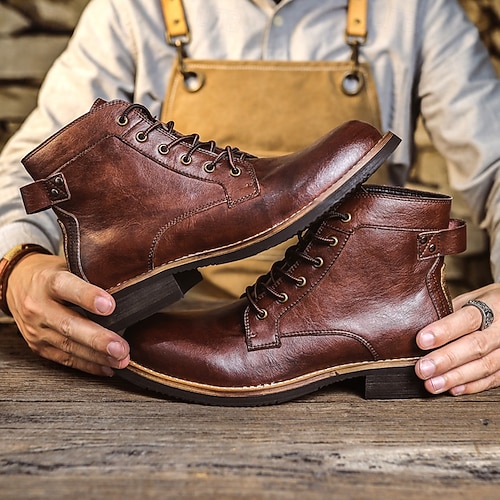Men's Vintage Brown Lace-Up Combat Boots with Sturdy Sole, Retro Casual  Workwear Style for Outdoor Adventures and Daily Fashion 2026 - $64.99