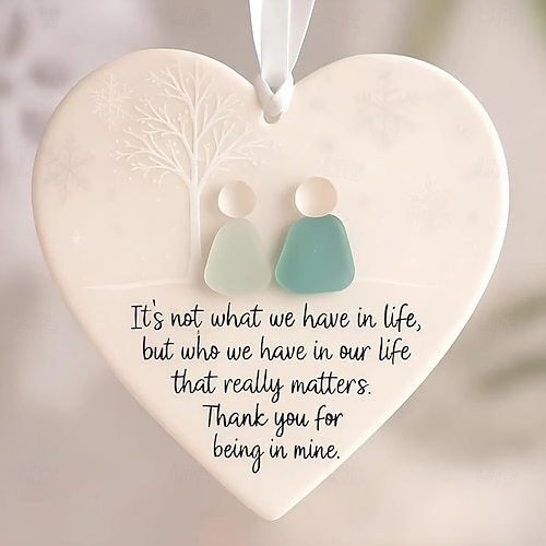  Christmas Ornament Heart-Shaped Sea Glass Ceramic Friendship Decor with Gift Box, Handmade Ocean-Inspired Hanging Keepsake for Best Friends, Holiday Tree Decoration Gift