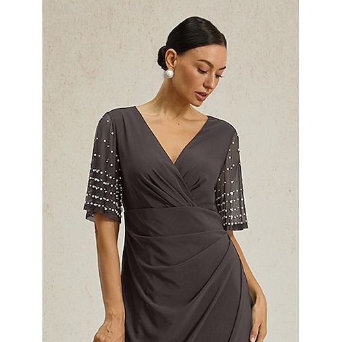 Femmes Robe maxi Robe fourreau Élégant Couleur Unie Manche Courte Col en V Gris foncé Été Printemps Automne  Femmes Robe maxi Robe fourreau Élégant Couleur Unie Manche Courte Col en V Gris foncé Été Printemps Automne