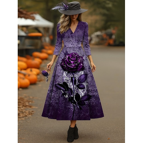  Halloween Per donna Abito Midi Abito a trapezio Vacanza Casual Matrimonio Feste Compleanno Vestibilità regolare Floreale Grafico Rosa Manica 3/4 Scollo a V Giallo Rosso arrugginito Viola Primavera