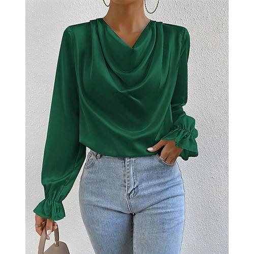 Per donna Camicia Camicia in raso Semplice Elegante Casual Manica Lunga Scollo a Cascata Top Regolari Quotidiano Uscire Drappeggiato Nero Rosa Verde Albicocca Primavera Autunno