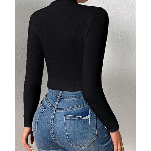  Femmes Pull Mode Occasionnel Couleur Unie Côtelé Col montant Tricoté manche longue Hauts Réguliers Tricoter Extérieur Quotidien Week-end Noir Blanche Automne Hiver