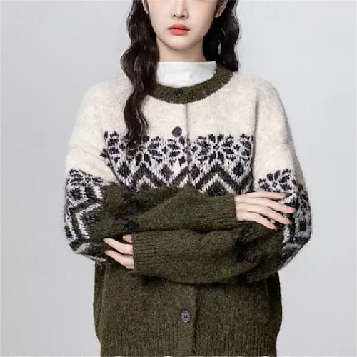  Dame Genser Kofte Fair Isle genser Årgang Mote Fritid snowflakes Riflet Crew-hals Knapper Strikket Trykt mønster Langermet Vanlige topper Strikke Jul utendørs Daglig Militærgrønn Høst Vinter