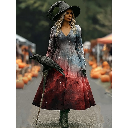  Halloween Dámské Midi šaty Áčkové šaty prázdniny Na běžné nošení Cikánský Plážové Běžný Grafika Abstraktní Dlouhý rukáv Do V Bílá Tmavě červená Fialová Hnědá Jaro Podzim Zima
