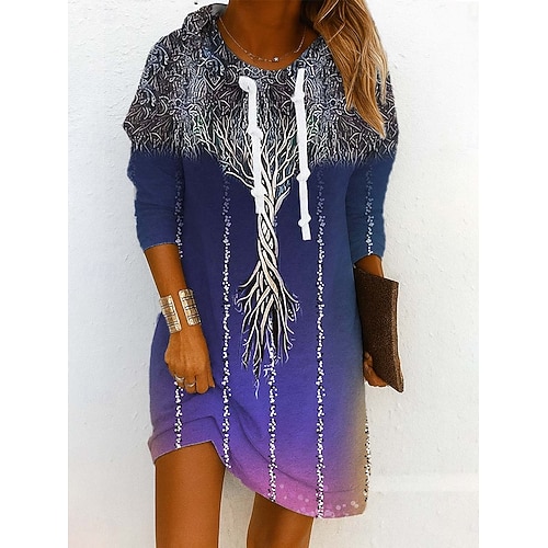  Damen Minikleid Etui-Kleid Shiftkleid Party Lässig Boho Outdoor Heim Sport Normale Passform Blumen Grafik Abstrakt Langarm Mit Kapuze Blau Purpur Grün Grau Frühling Herbst Winter