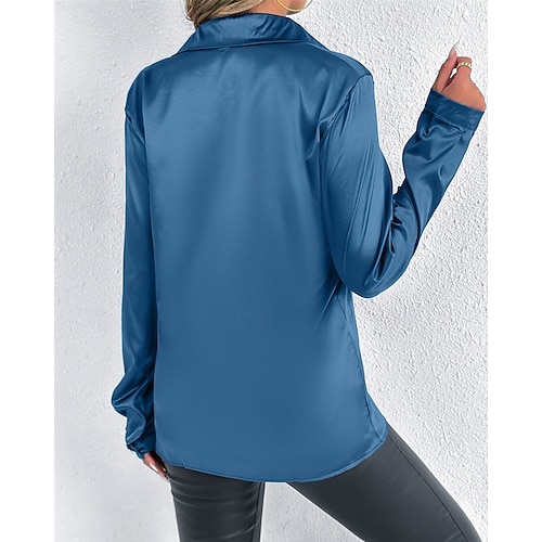  Per donna Camicia Camicia in raso Tinta unica Elegante Essenziale Casual Manica Lunga Colletto a Camicia Top Regolari Quotidiano Uscire Bottoni Rosso Blu marino Blu Reale Primavera Autunno