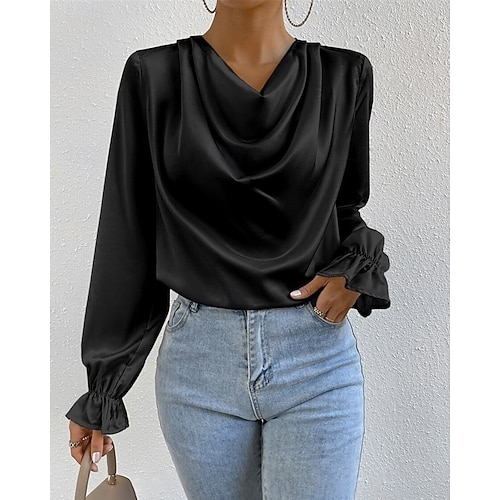  Per donna Camicia Camicia in raso Semplice Elegante Casual Manica Lunga Scollo a Cascata Top Regolari Quotidiano Uscire Drappeggiato Nero Rosa Verde Albicocca Primavera Autunno
