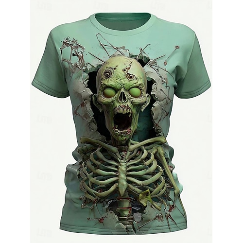  ハロウィン レディース Tシャツ スカル グラフィック スケルトン ヴィンテージ スタイリッシュ カジュアル 半袖 クルーネック レギュラー トップス デイリー 外出用 週末 プリント ピンク 青 紫 緑 夏