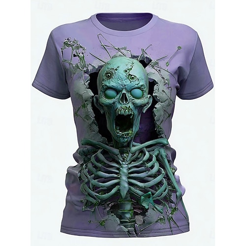  ハロウィン レディース Tシャツ スカル グラフィック スケルトン ヴィンテージ スタイリッシュ カジュアル 半袖 クルーネック レギュラー トップス デイリー 外出用 週末 プリント ピンク 青 紫 緑 夏