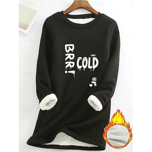  女性用 フリース裏地プルオーバースウェットシャツパジャマ プルオーバースウェットシャツ Pullover スウェットシャツ レタード あたたか ストリートファッション カジュアル 長袖 クルーネック ロングトップス 家 日常着 カジュアル プリント ブラック イエロー ピンク ダークピンク ブルー 秋 冬