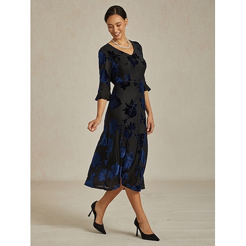 Sukienka midi z weluru dla kobiet sukienka w kształcie litery A elegancka na urodziny na koktajlową imprezę dla gościa weselnego welurowa codzienna regularny krój kwiatowa pół rękaw dekolt w  Sukienka midi z weluru dla kobiet sukienka w kształcie litery A elegancka na urodziny na koktajlową imprezę dla gościa weselnego welurowa codzienna regularny krój kwiatowa pół rękaw dekolt w