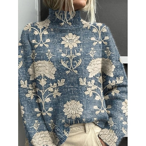  Dame Genser Elegant Mote Gatemote Blomstret Rullekrage Blomster Strikket Langermet Vanlige topper Strikke Arbeid Ut på byen Svart Gul Høst Vinter