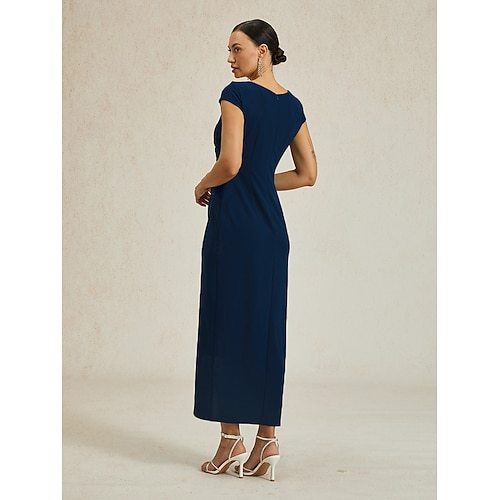  Femmes Robe maxi Robe fourreau Élégant Coupe régulière Couleur Unie Manche Courte Col en V bleu marine Été Printemps